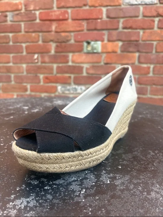 Tory Burch Women’s Black Espadrille Platform Peep-Toe Wedges size 9.5 - Picture 3 of 8